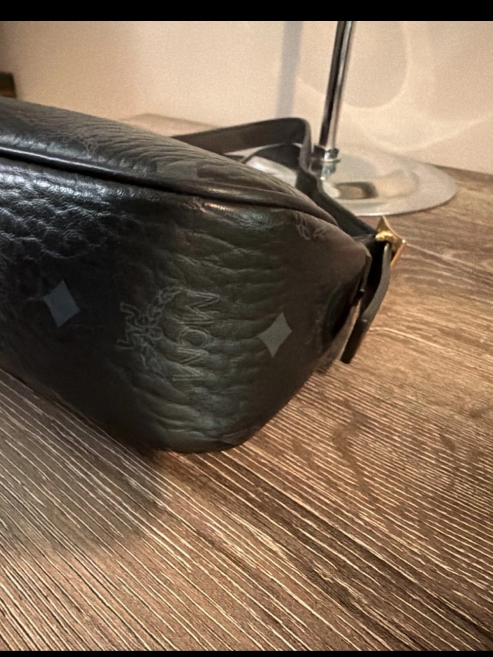 MCM Aren Visetos Monogram Print Shoulder Bag Black Pebble Leather Gray Logo COA - Picture 9 of 16